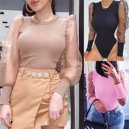 Women Bodysuit Womens Stitching Puff Sleeve Jumpsuit See Through Ladies One Piece Clothes Lady Costume Playsuit Women's Jumpsuits & Rompers