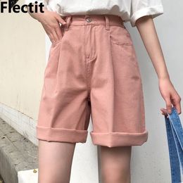 Flectit Bermuda Shorts Women High Waist Wide Leg Soft Denim Shorts Summer Student Girl Casual Outfits 210317