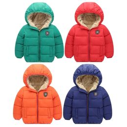 Winter Kids Hooded Jackets Boys Girls Thicken Warm Outerwear Fashion Baby Boy Zipper Cotton Velvet For Coats 211204