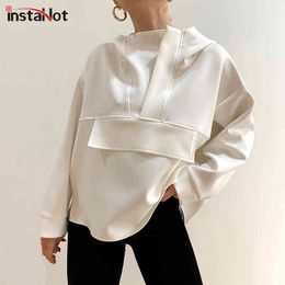 InstaHot Fashion Women Hoodies Oversize Asymmetric Hem Solid Black White Autumn Sweatshirt Loose Streetwear Hooded Pullover Tops Y1118