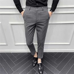 Striped Casual Pants Men Formal Business Dress suit Pants Summer Ankle Length Office Social Pants Streetwear Trousers 210527