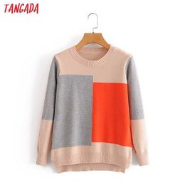 Tangada Women Fashion Color Block Knitted Sweater jumper O Neck Female Oversize Pullovers Chic Tops 3A45 210609