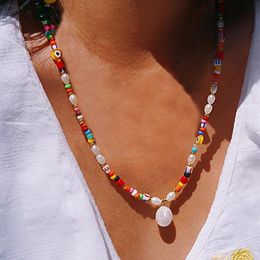 rice pearls necklace UK - Pendant Necklaces Boho Style Natural Pearl Necklace Colorful Rice Beads Mix And Match Fashion Rainbow Long Clothes Accessories Eye Necklac