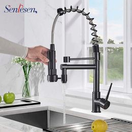 Senlesen Sprayer Kitchen Faucet Two Spouts Double Water Modes and Cold Water Mixer Tap Para Kitchen Chrome/ Bronze Brass 210724