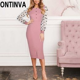 Women Bodycon Pink Dresses Mesh Polka Dot Long Sleeves Midi Office Lady Night Club Birthday Party Robes Summer Fashion Dress XXl 210527