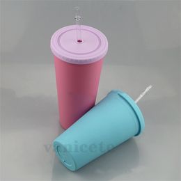Kitchen candy Colour Double Layer Mug flat cover straw water cup double plastic milk tea cup matte creative acrylic cup ZC064