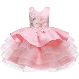Girl party dress kids formal evening dress tutu princess red flower Christmas clothes children clothing 2-10 year baby clothes 210303