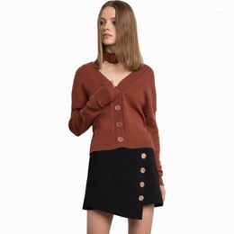 ladies brown knitted cardigan Australia - Brown Long Sleeve Button Up Choker Sweaters For Women Ladies Autumn Casual Sexy Loose Oversize V Neck Knitted Cardigan Tops1