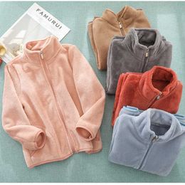 Kid child pupil soft coral velvet fleece jacket full zip up coats boys girls solid stand collar with pocket plush hoodie sportswear outfit tops L15L9J4