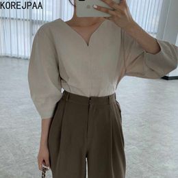 Korejpaa Women Shirt Summer Korean Chic Ladies Minimalism V-neck Solid Colour Loose Versatile Seven-Point Puff Sleeve Blouse 210526