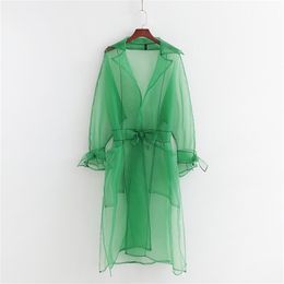 Sunscreen Shirt Clothing Summer Fashion Transparent Organza Green Long Dress Shirts Blouse Modern Lady Wears 210719