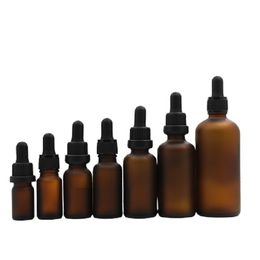 Empty Bottle Brown Frost Glass Matter Black Rubber Top Plastic Ring Cosmetic Packaging Essence Essential Oil Refillable Vials 5ML 10ML15ML 20ML 30ML 50ML 100ML