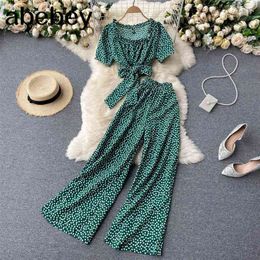 Women Summer Chic Korean Suit Sexy O Neck Chiffon Short Tops+High Waist Wide Leg Split Long Pants Two Piece Set 210709