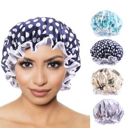 Double Layer Waterproof Bonnet Women Shower Cap Sleeping Cap Lady Print Beauty Salon Headwear Hair Care Silky Comfortable Hat