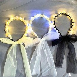 Light Up Beaded Pearl Headband LED Lights Hairband Glowing Hair Hoop Party Headwear Tiara Headpieces with Long Veil