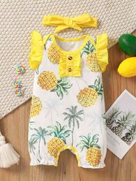 Baby Pineapple Print Fake Button Ruffle Trim Romper & Headband SHE