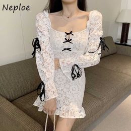 Neploe Vintage Court Style Fairy Vestido Mujer Square Collar Bownot Lace Hollow Out Female Robe Puff Sleeve Ruffle Slim Dress Y0823