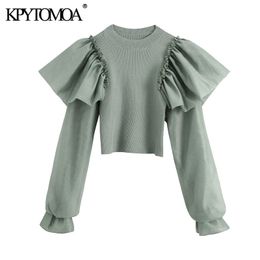 KPYTOMOA Women Fashion With Ruffled Stretch Slim Cropped Knitted Blouses Vintage O Neck Long Sleeve Female Shirts Chic Tops 210225