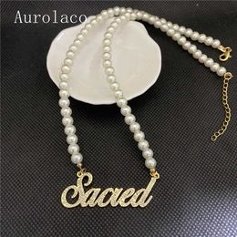 AurolaCo Customised Name Personalised Pearl Gold Pendant Nameplate Necklace For Women Jewellery Gift