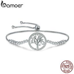 BAMOER 100% 925 Sterling Tree of Life Tennis Women Adjustable Link Chain Bracelet Silver Jewellery SCB035