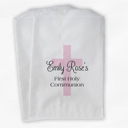 communion favors UK - Gift Wrap Custom First Communion Favor Bags With Cross - Personalized Baptism Or Religious Party Pink & Black Paper Treat Bag