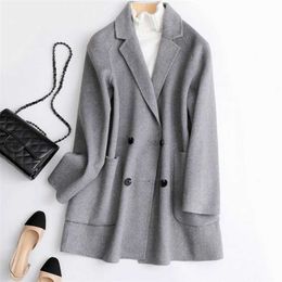 Women Midi Length Coat Turn Down Collar Drouble Button Design 100% Wool Women Grey Black Autumn Woollen Coat Casaco Feminino 211110