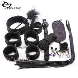 Nxy Sm Bondage 10pcs Bdsm Sex Kits Products Erotic Games for Adults Set Handcuffs Tapes Gag Whip Touch Toys Couples 1216