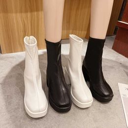 Shoes Women Boots High Heels Boots-Women Luxury Designer Round Toe Stiletto Mid-Calf 2021 Fashion Ladies Rubber Low Mid Calf Y1018