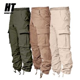 Men Multi-pocket Cargo Pants Joggers Sweatpants Military Pants Fashion Tie Feet Elastic Waist Casual Pant Male Slim Harem Pants 210603