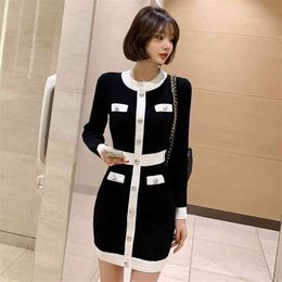 patchwork Sexy Office Knitting Korean ladies Long Sleeve fall cute tight party Dress 210602