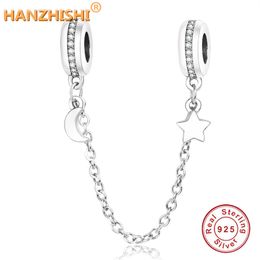 Authentic 925 Sterling Silver Moon Star Dangle Safety Chain Charm Beads Fits Original Pandora Charm Bracelet DIY Jewellery Making Q0531