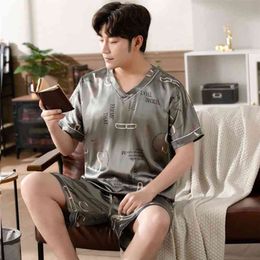 Silk Men's Pajamas Summer Short-sleeved Shorts Two-piece Suit Fashion Trend Casual Loose Thin Section Cool Home Clothes Men 210901