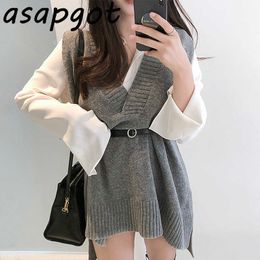Korean Chic Wild Long Sleeve Turn Down Collar Blouse Grey V Neck Sleeveless Knitted Vest Sweater with Belt Fashion 2piece Set 210610
