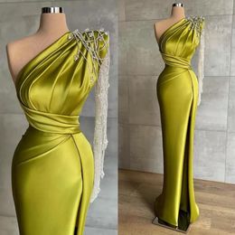 2022 Green One Shoulder Mermaid Evening Dresses Beads Prom Gowns Lace Long Sleeve Formal Party High Split Event Robe De Soiree PRO232