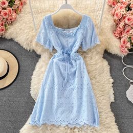 Summer Vintage Blue/White/Beige Hollow Out Mini Dress Women Elegant Short Sleeve High Waist Drawstring A-Line Vestidos 2021 New Y0603