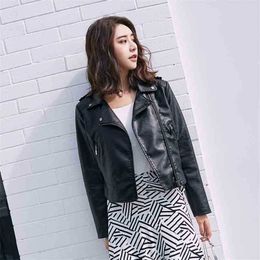 Women Faux Leather Jacket Long Sleeve Turn-down Collar Zipper Short Pu Coats Autumn 's Street Pink Biker Jackets 210525