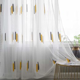 Embroidered Sheer Curtains Modern Gauze Curtain Yellow Living Room Blue Bedroom White Yarn Window Tulle Curtains 210712