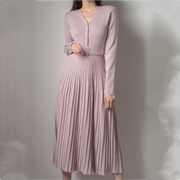 Casual Dresses High Quality Korean Style Knitting Dress Female V-neck Elegant Sweater Vintage Woman Long Sleeve Robe Winter Autumn 2021
