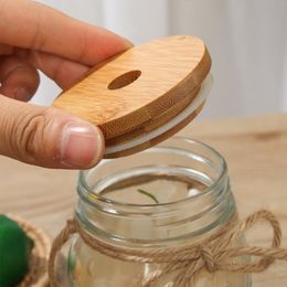 Kitchen Storage & Organization 1PC 70mm/86mm Bamboo Wood Mason Jar Lid With Straw Hole Silicone Seal Ring Wide Mouth Cup Cover Cap