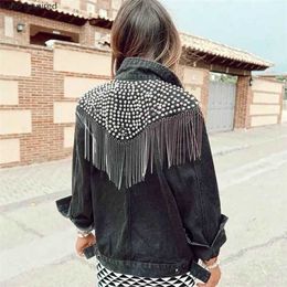 Boho Inspired Studded Fringe Trim Denim Jacket for women vintage black denim jacket women Long Sleeve Outerwear Jacket Women 211014