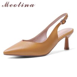 Meotina Shoes Women Genuine Leather High Heel Slingbacks Pumps Pointed Toe Thin Heels Buckle Footwear Lady Summer Yellow Khaki 210608