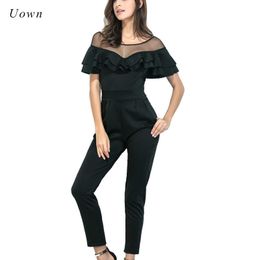 Elegant Jumpsuits Summer Fashion Party Ruffle Mesh Patchwork Pockets Short Sleeve Work Ladies Long Pants Rompers Womens Jumpsuit T200608