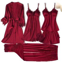 Women's Pyjama Set Women Lace Trim Satin Sleepwear Pyjamas Pour Femme Summer Nightwear with Pants Casual Home Wear Kimono Robe Gown Pjs Yhkt