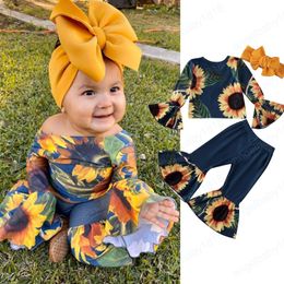 kids Clothing Sets girls Flowers outfits children Flare Sleeve sunflower Tops+Flared pants+Headband 3pcs/set Spring Autumn fashion baby clothes
