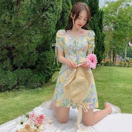 Casual Dresses Women Sweet Cute Dress Korean Style Fashion High Waist Lace Up Temperament Square Collar Floral Printed Summer