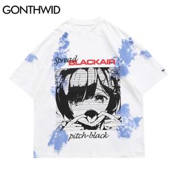 GONTHWID Short Sleeve Tshirts Gothic Punk Rock Streetwear Funny Anime Cartoon Print Tie Dye Cotton Casual T-Shirts Hip Hop Tops C0315