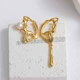 Korean Elegant Asymmetric Hollow Metallic Butterfly Dangle Gold Silver Color Earrings for Women Girls Fashion Metal Jewelry Gift