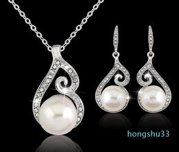 Newest Women Crystal Pearl Pendant Necklace Earring Jewelry Set 925 Silver Chain Necklace Jewelry 12pcs Sale