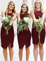 2021 Maroon Short Bridesmaid Dress Cheap Knee-Length Sheath Wedding Guest Gown Forma Party Maid Of Honour Dresses