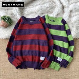 Stripe Sweater Men Vintage Thick Coarse Wool Korean Loose O-Neck Pullover Sweater Men Contrast Colour Casual Wild Personality Top 211109